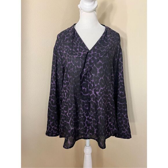 Ann Taylor Black Purple Leopard Print Semi Sheer Blouse Petite Medium - Picture 1 of 9